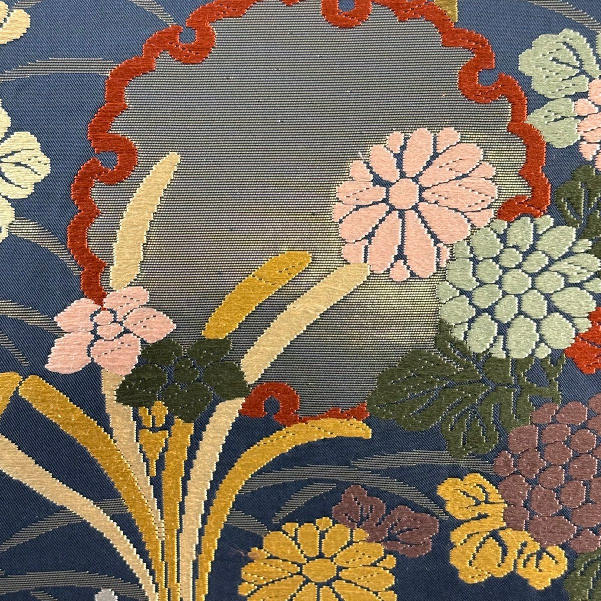 袋帶 秀品級 雪輪 草花紋紋 唐織 金金箔 深藍 六通 純蠶絲