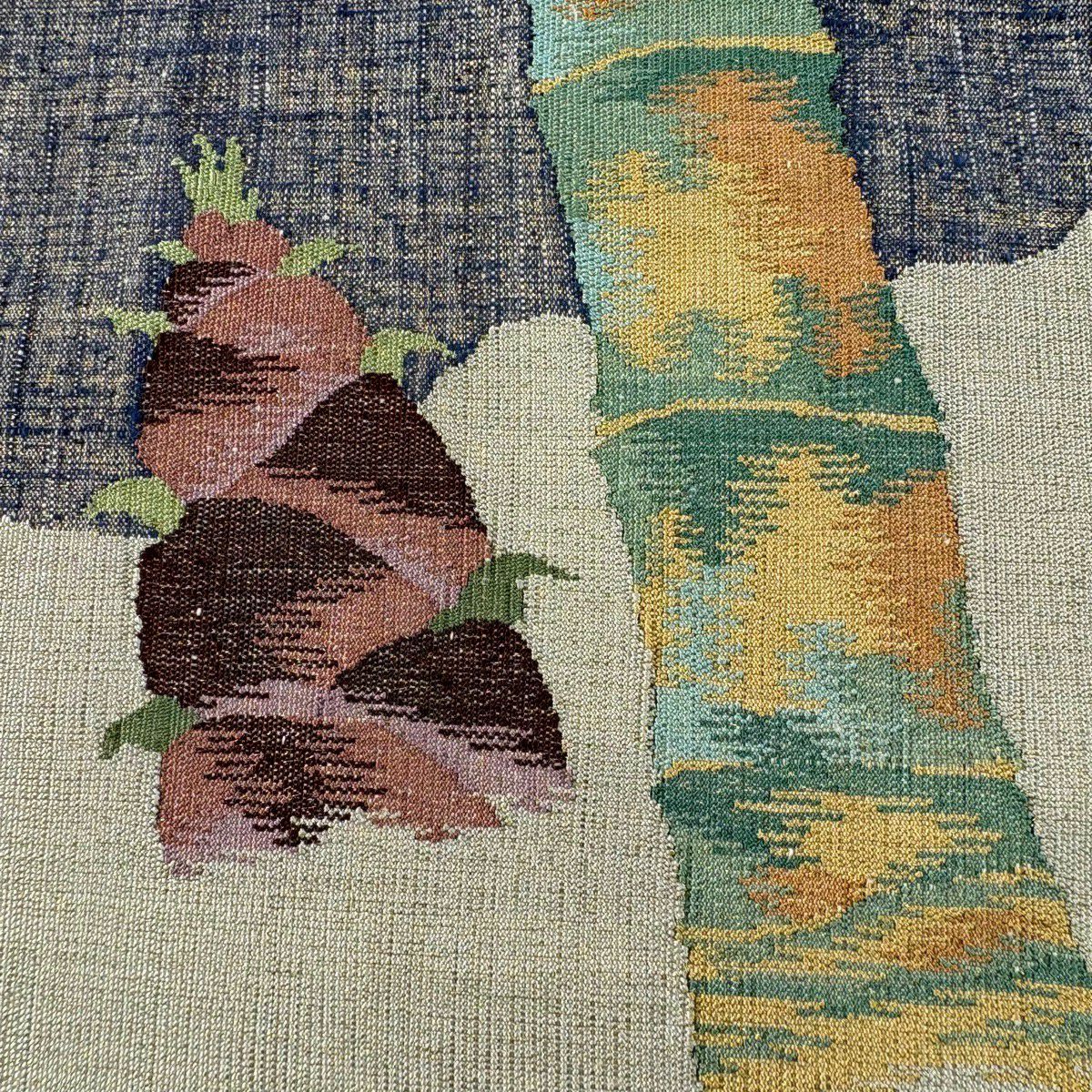 【美品】 袋帶 秀品級 紬織織 筍 金絲 青灰 深藍色 お太鼓圖案 純蠶絲