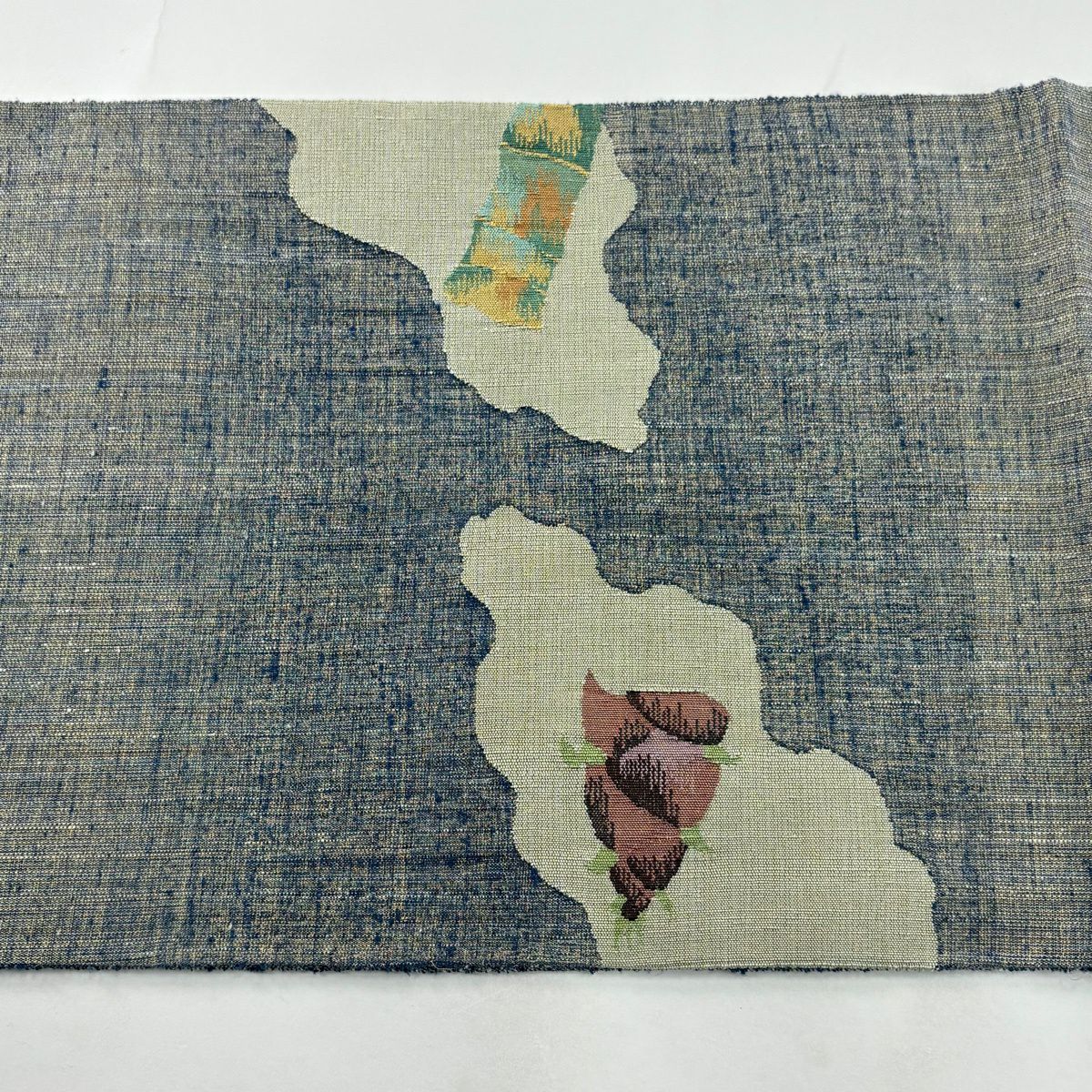 【美品】 袋帶 秀品級 紬織織 筍 金絲 青灰 深藍色 お太鼓圖案 純蠶絲