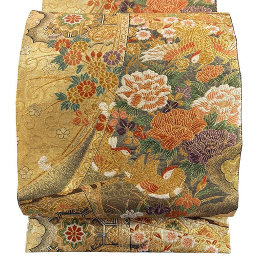 袋帶 秀品級 全通金金箔雙面織 鴛鴦 草花紋紋 金絲 金金箔 金色 六通 純蠶絲