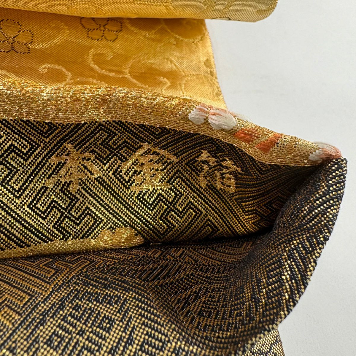 袋帶 秀品級 全通金金箔雙面織 鴛鴦 草花紋紋 金絲 金金箔 金色 六通 純蠶絲