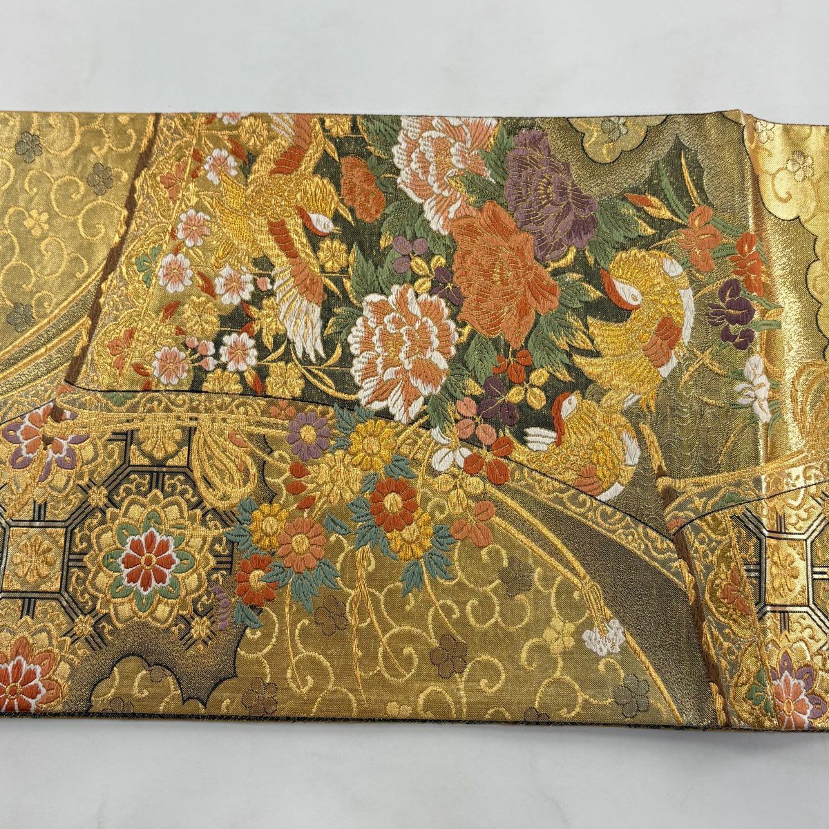 袋帶 秀品級 全通金金箔雙面織 鴛鴦 草花紋紋 金絲 金金箔 金色 六通 純蠶絲