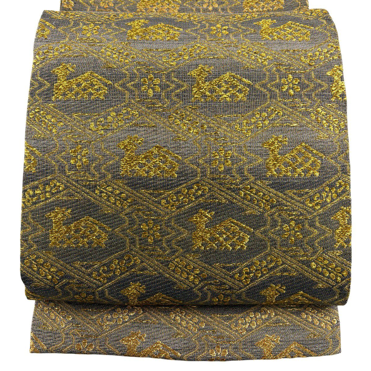 【美品】 袋帶 秀品級 有栖川 金金箔 灰綠 六通 純蠶絲