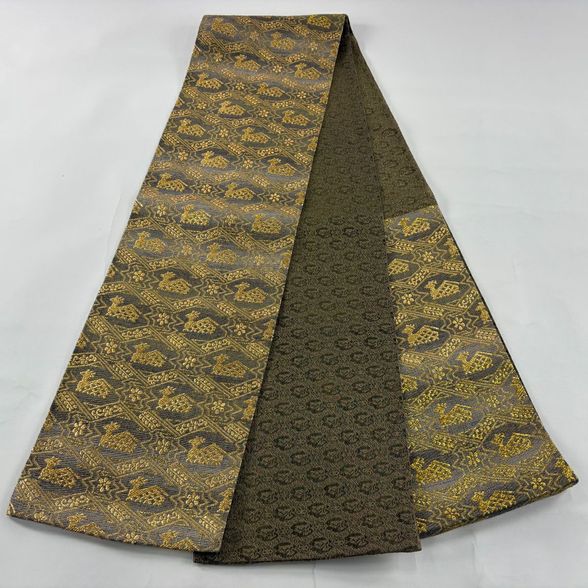 【美品】 袋帶 秀品級 有栖川 金金箔 灰綠 六通 純蠶絲