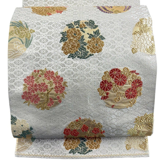 袋帶 秀品級 花丸紋 金絲 金金箔 奶油色 大鼓圖案 純蠶絲