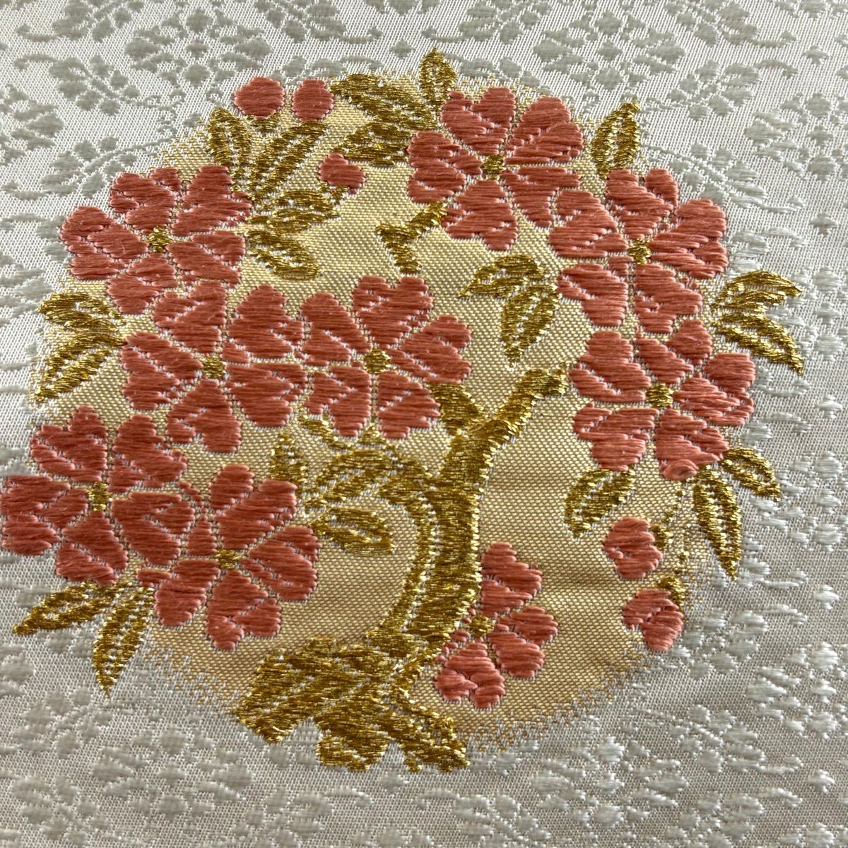 袋帶 秀品級 花丸紋 金絲 金金箔 奶油色 大鼓圖案 純蠶絲