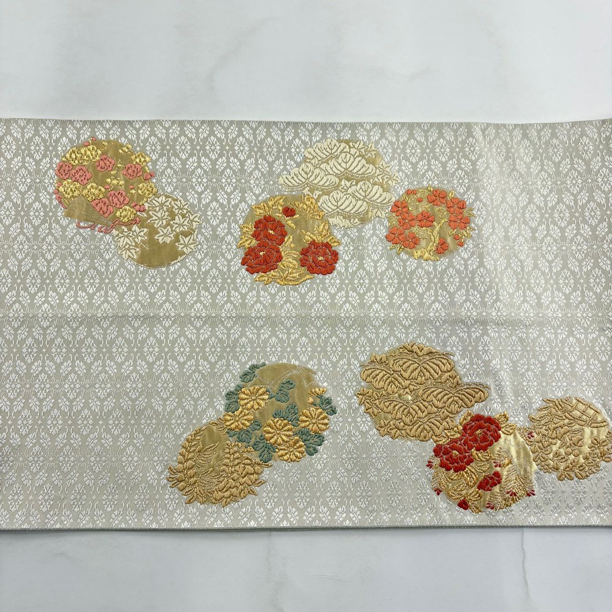 袋帶 秀品級 花丸紋 金絲 金金箔 奶油色 大鼓圖案 純蠶絲