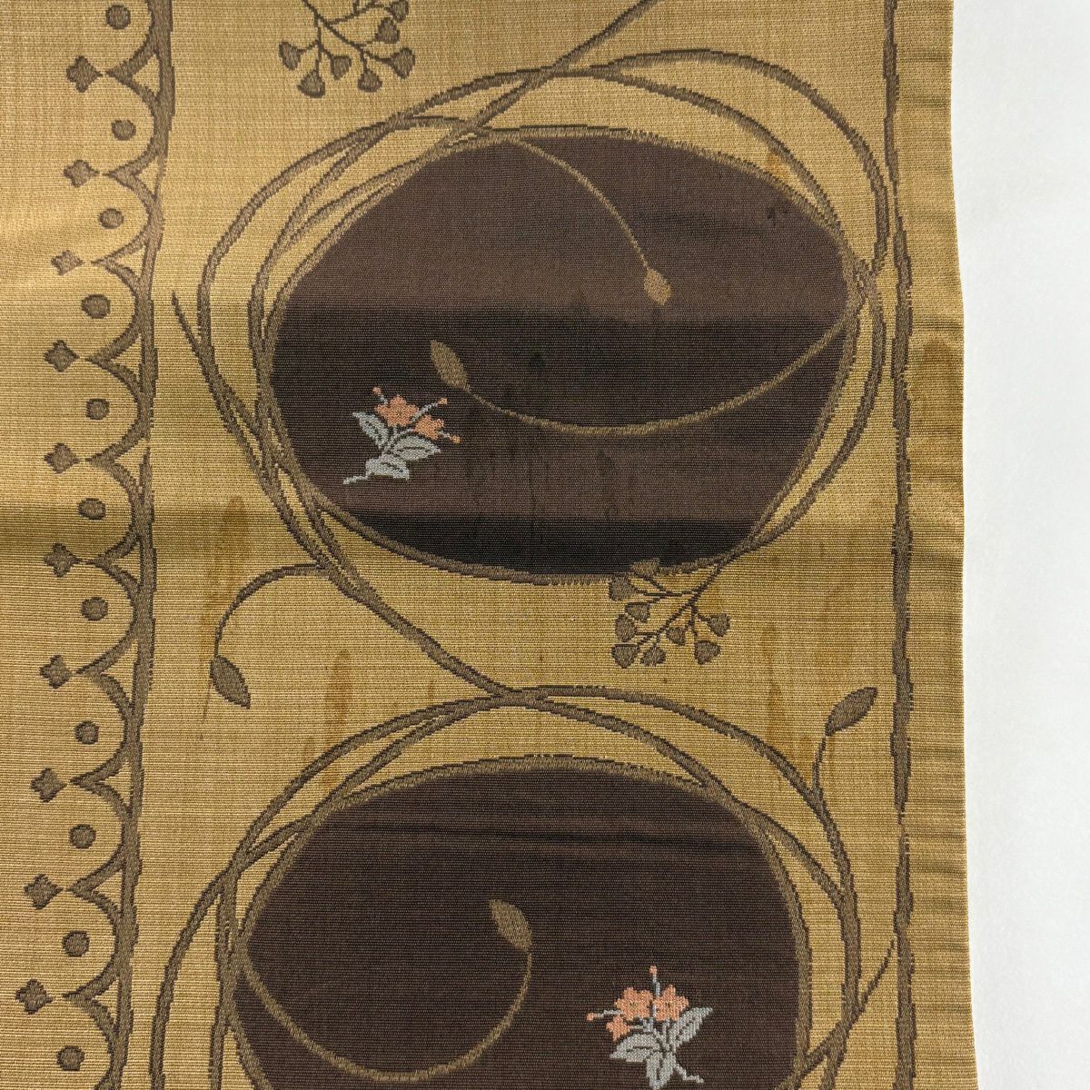 袋帶 秀品級 唐草紋 草花紋 茶 六通 純蠶絲