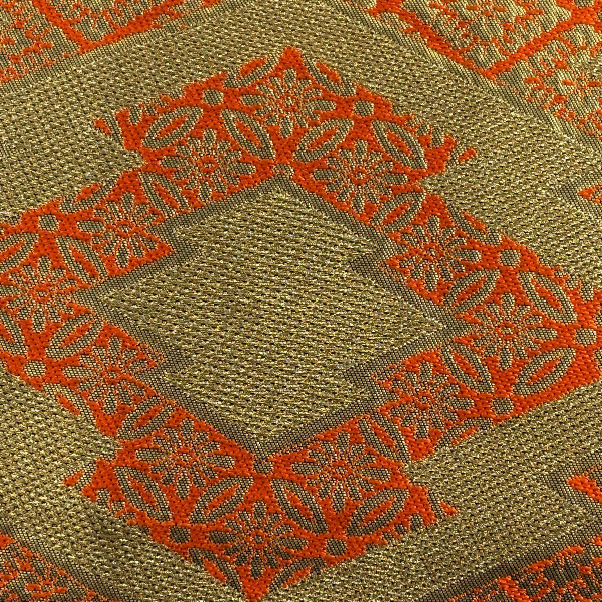 【美品】 袋帶 秀品級 川島織物 落款 松樹皮菱 花菱 金糸 金金箔 橙色 六通 純蠶絲