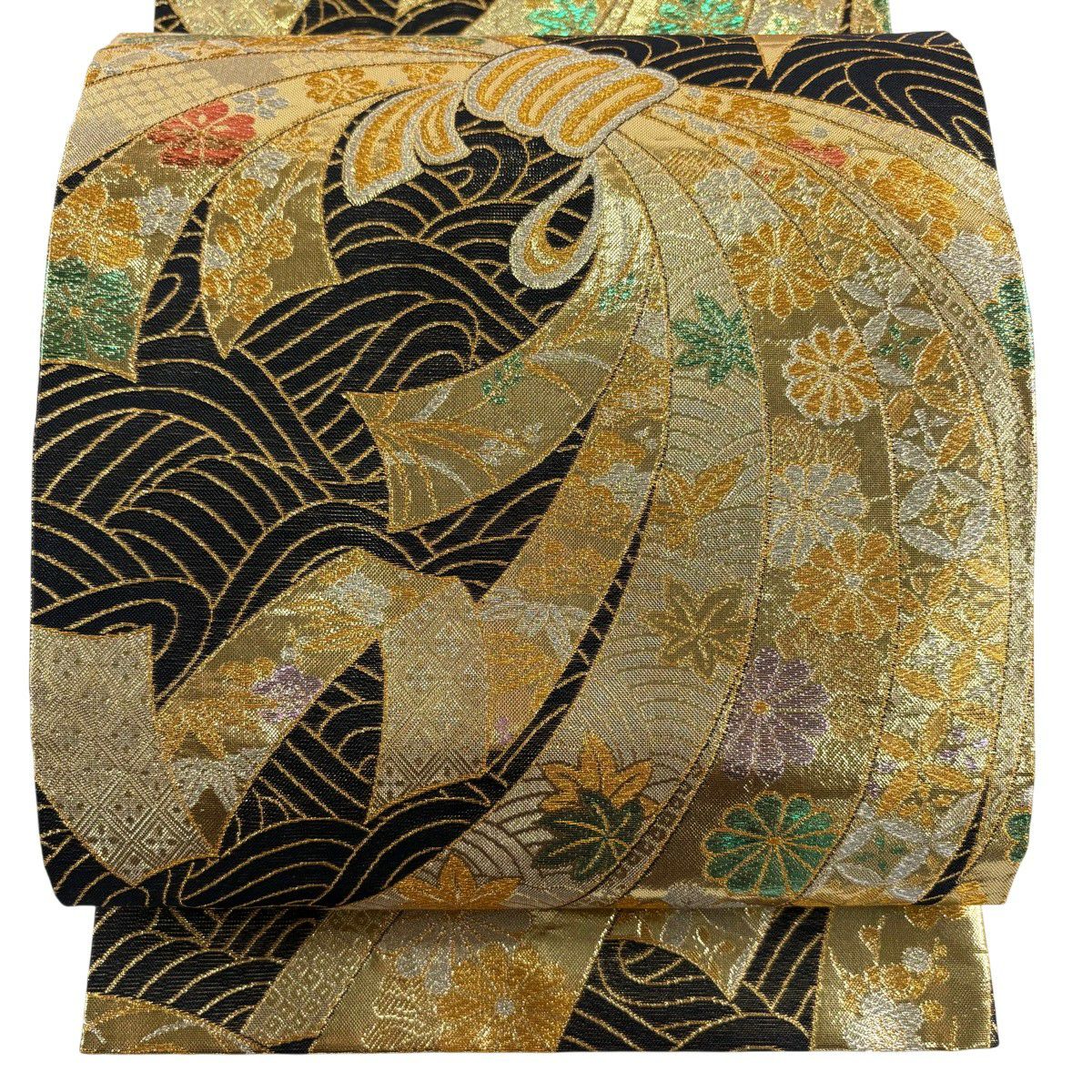 【美品】 袋帶 秀品級 束捆熨斗紋 波紋 金絲 金金箔 金 六通 純蠶絲