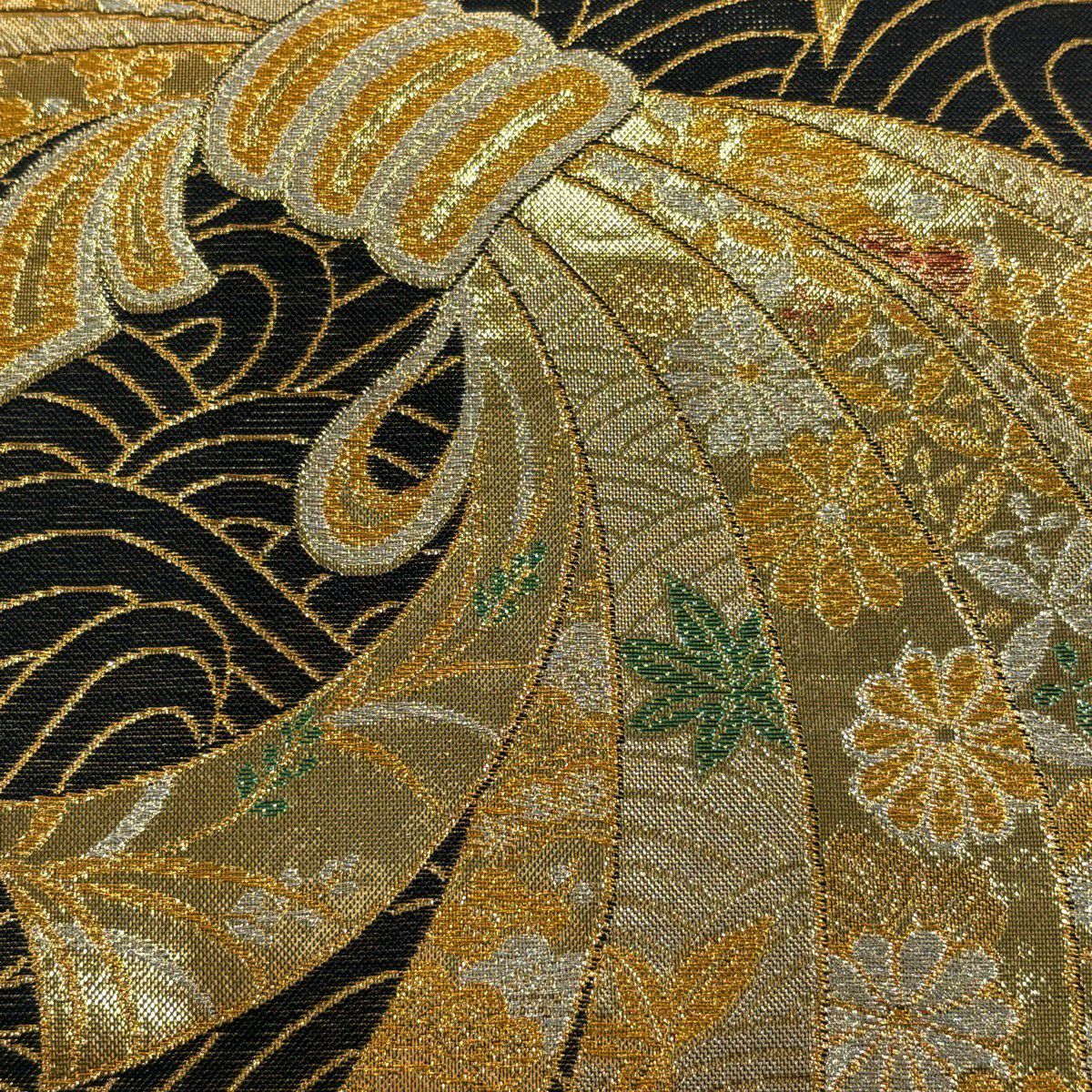 【美品】 袋帶 秀品級 束捆熨斗紋 波紋 金絲 金金箔 金 六通 純蠶絲