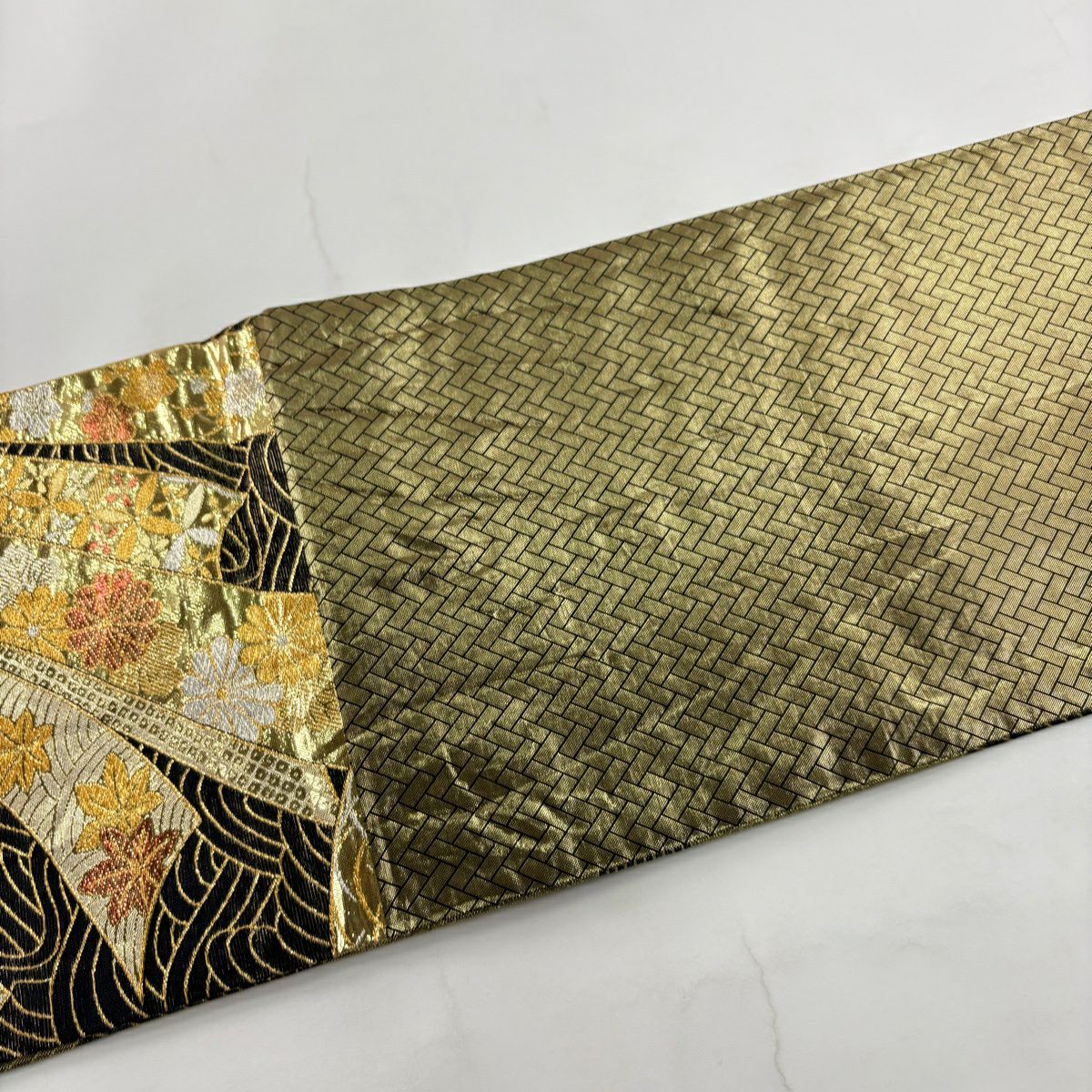 【美品】 袋帶 秀品級 束捆熨斗紋 波紋 金絲 金金箔 金 六通 純蠶絲