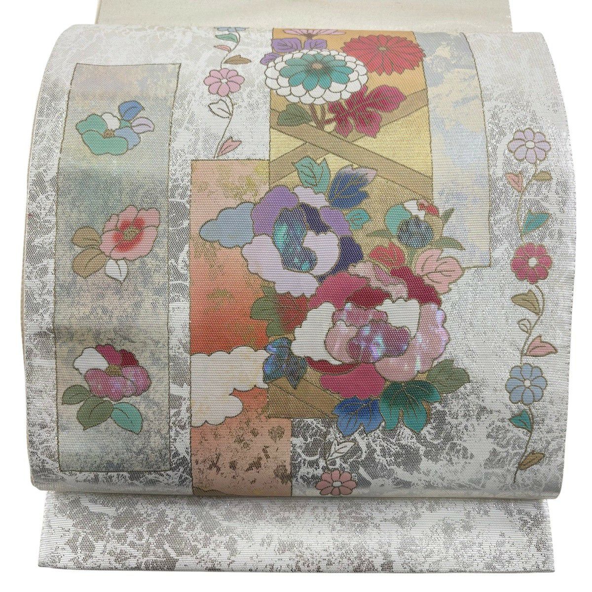 【美品】 袋帶 秀品級 草花紋紋 短冊 金金箔 奶油色 大鼓圖案 純蠶絲