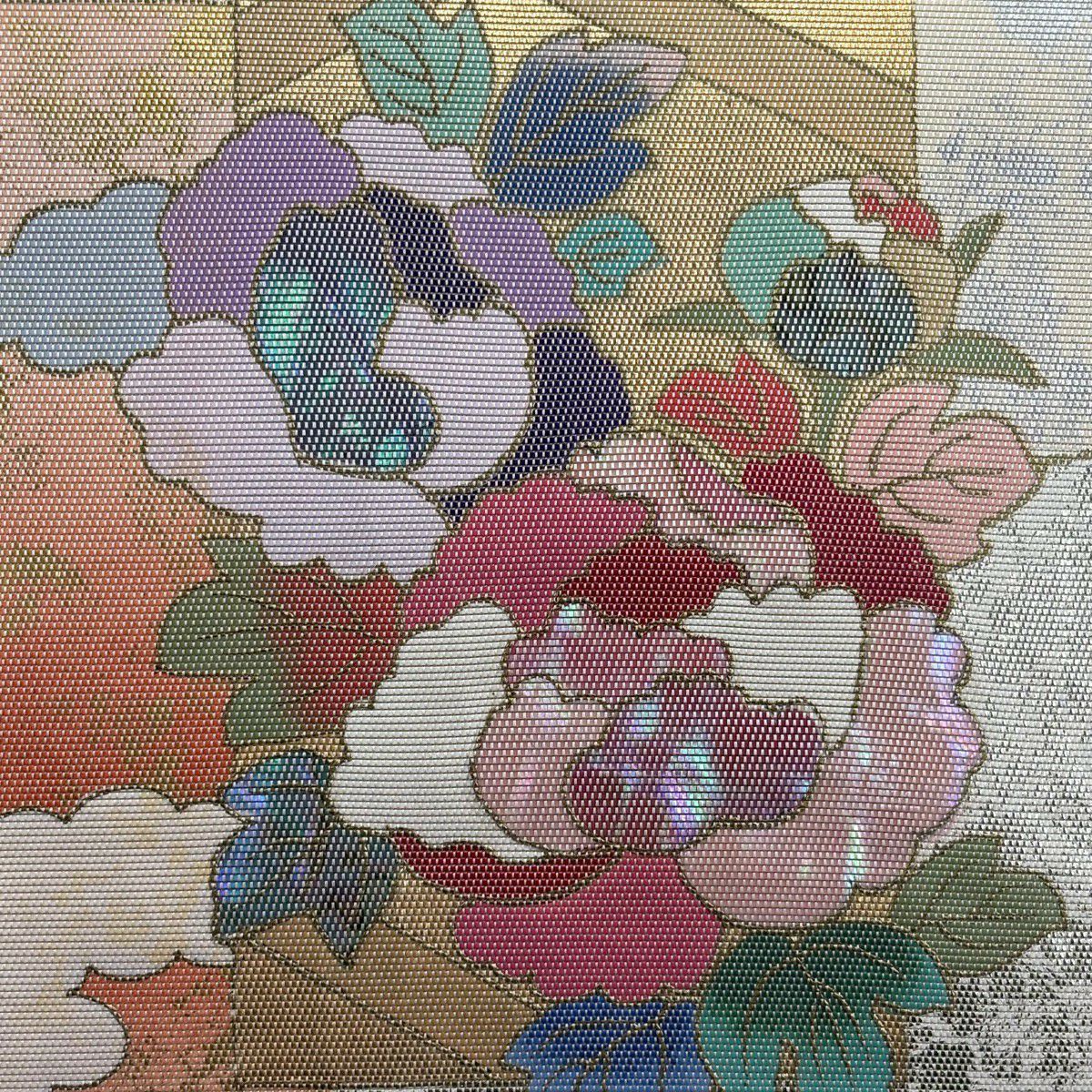 【美品】 袋帶 秀品級 草花紋紋 短冊 金金箔 奶油色 大鼓圖案 純蠶絲