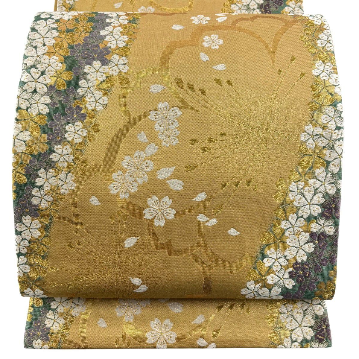 【美品】 袋帶 秀品級 朱雀 麗彩 鈴乃屋 櫻花 金糸 金金箔 黃土 深色 六通 純蠶絲