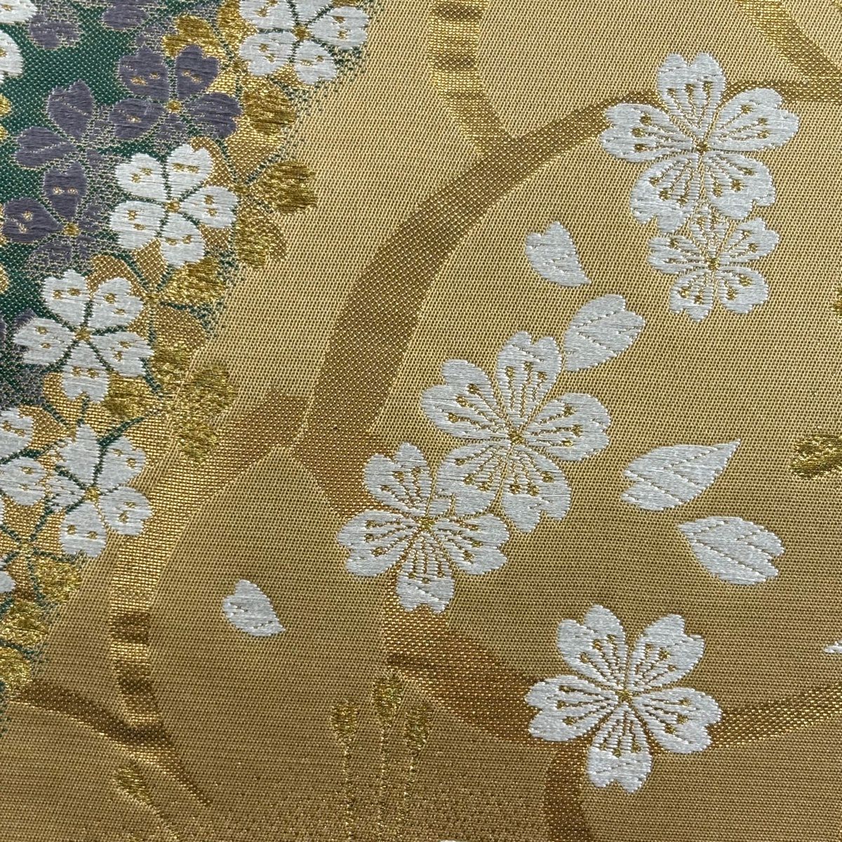【美品】 袋帶 秀品級 朱雀 麗彩 鈴乃屋 櫻花 金糸 金金箔 黃土 深色 六通 純蠶絲