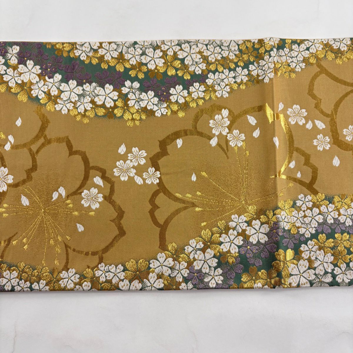 【美品】 袋帶 秀品級 朱雀 麗彩 鈴乃屋 櫻花 金糸 金金箔 黃土 深色 六通 純蠶絲