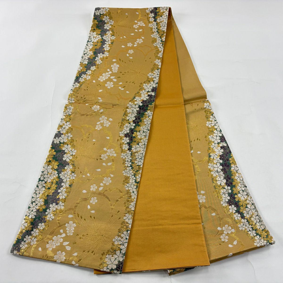【美品】 袋帶 秀品級 朱雀 麗彩 鈴乃屋 櫻花 金糸 金金箔 黃土 深色 六通 純蠶絲