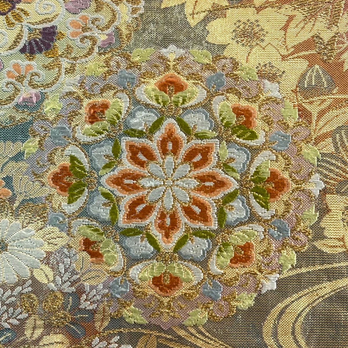 袋帶 秀品級 華紋 草花紋 金糸 金金箔 灰綠 六通 純蠶絲