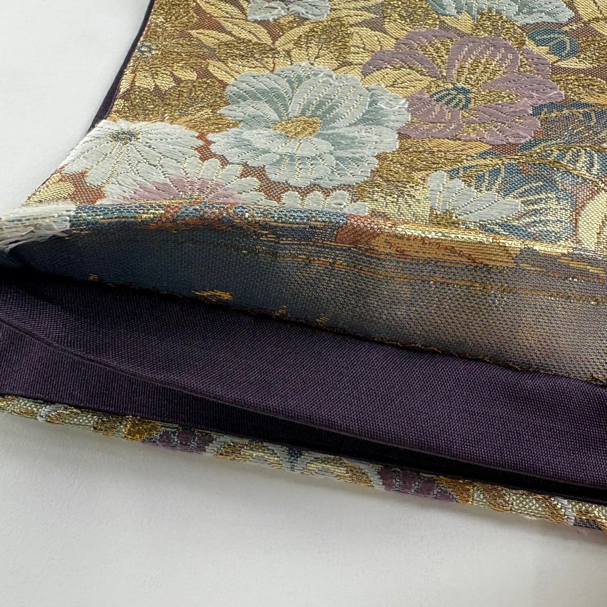 袋帶 秀品級 華紋 草花紋 金糸 金金箔 灰綠 六通 純蠶絲