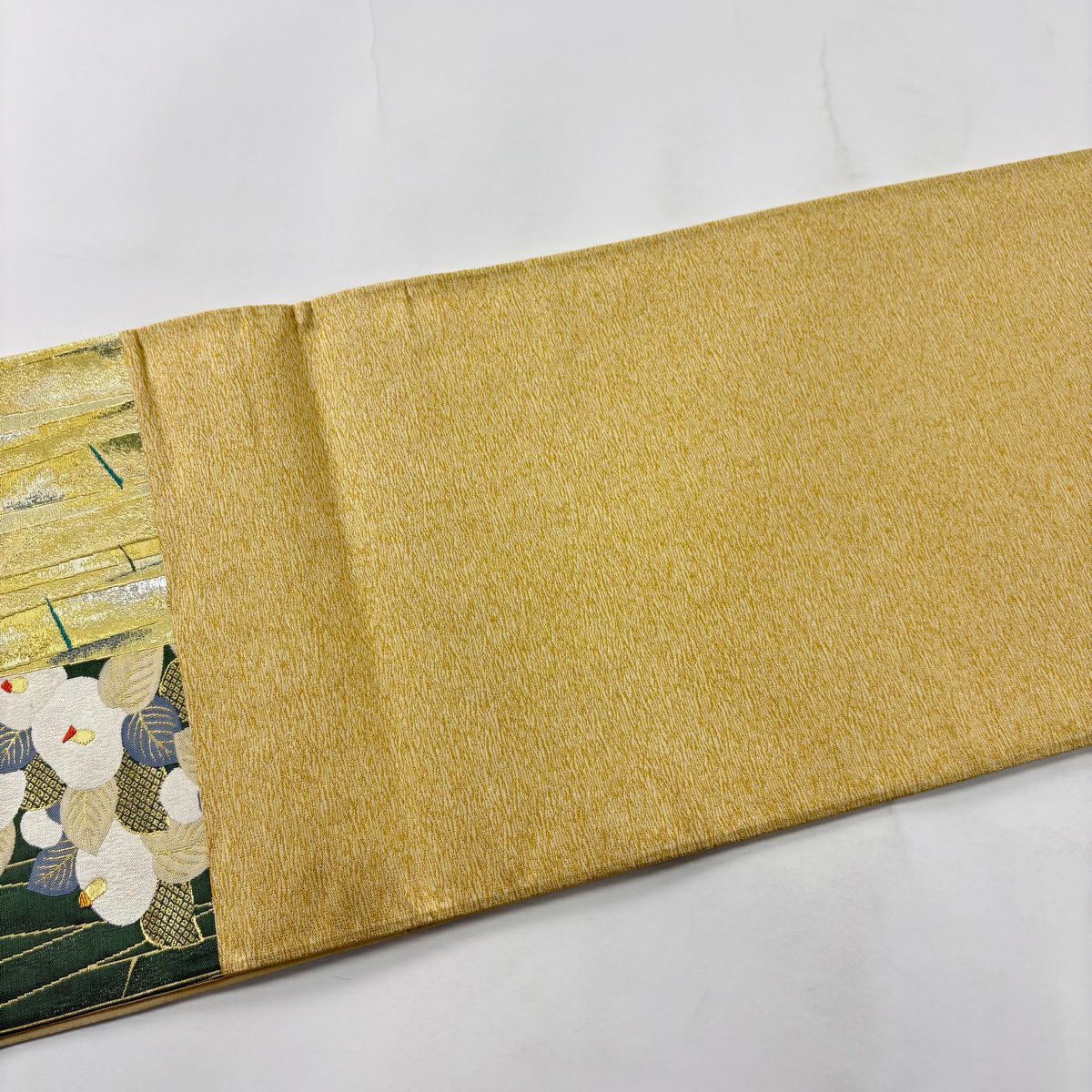 【美品】 袋帶 秀品級 椿 竹子 金絲 金金箔 綠 六通 純蠶絲