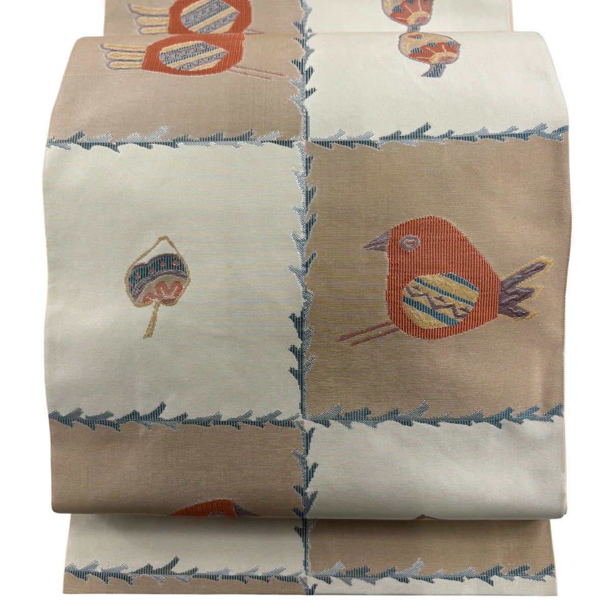 【美品】 袋帶 秀品級 鳥 生物 薄茶 深藍 六通 純蠶絲