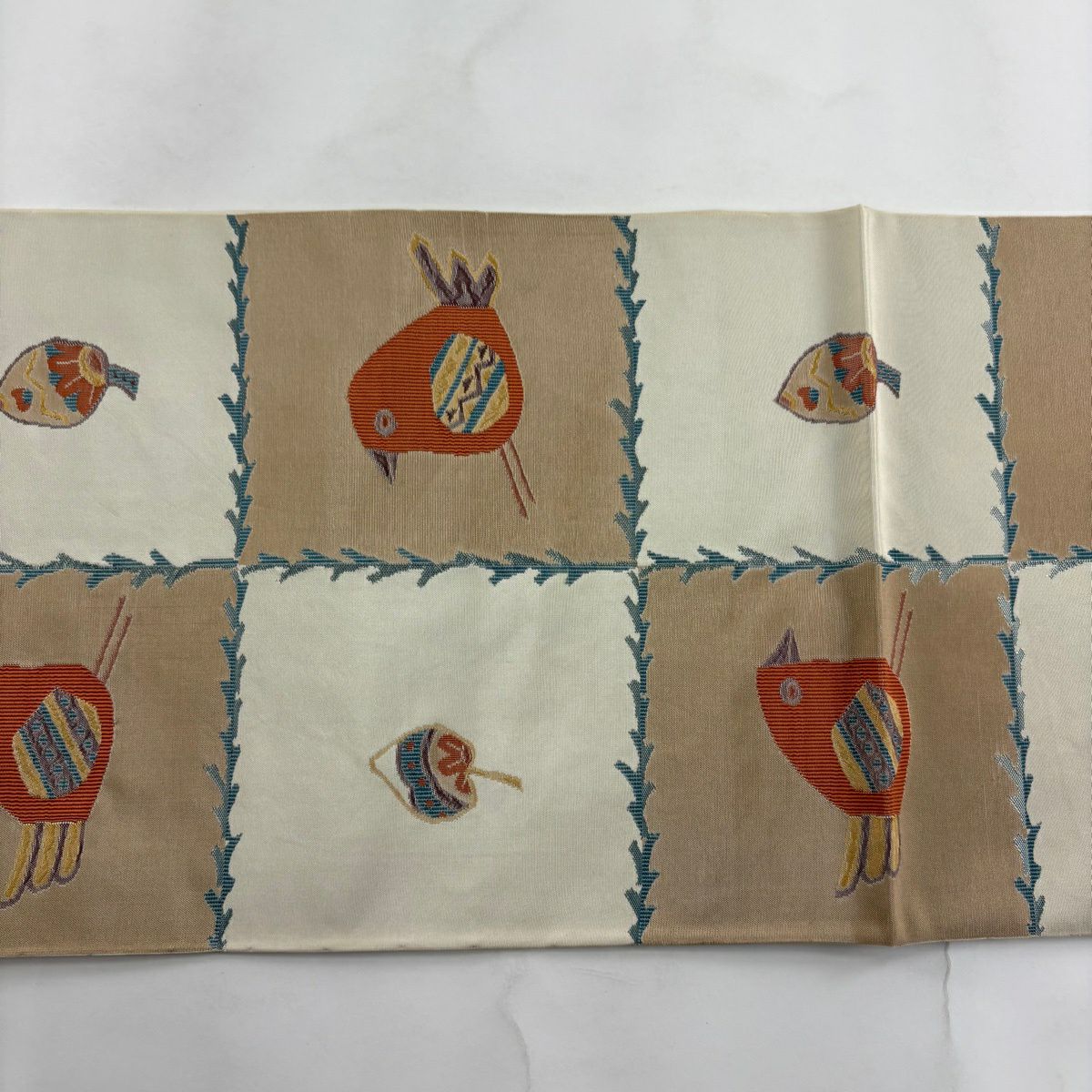 【美品】 袋帶 秀品級 鳥 生物 薄茶 深藍 六通 純蠶絲