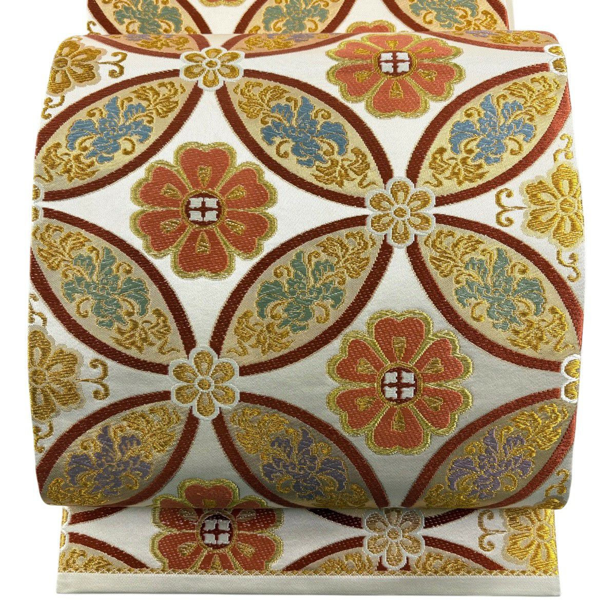 【美品】 袋帶 秀品級 七寶紋 花 金絲 金金箔 奶油 六通 純蠶絲