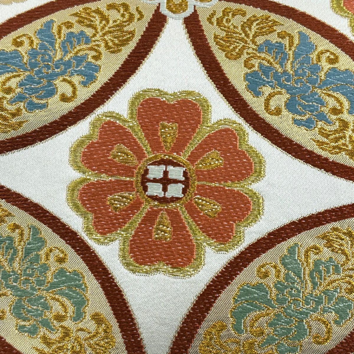 【美品】 袋帶 秀品級 七寶紋 花 金絲 金金箔 奶油 六通 純蠶絲