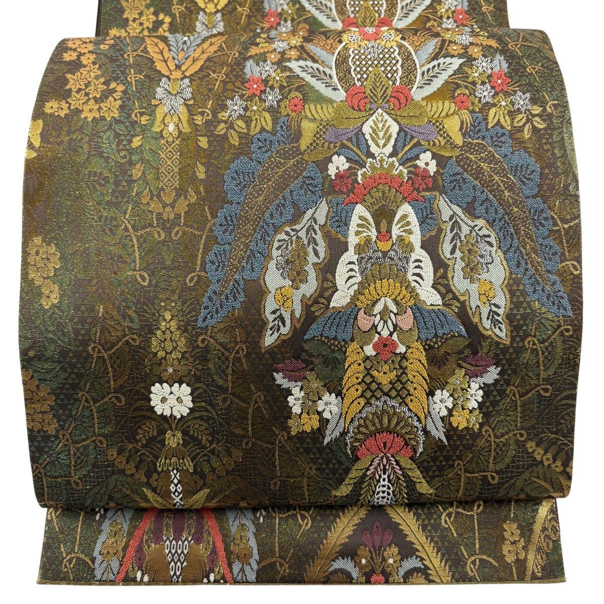 【美品】 袋帶 秀品級 草花紋刺繡 金金箔 茶綠 六通 純蠶絲