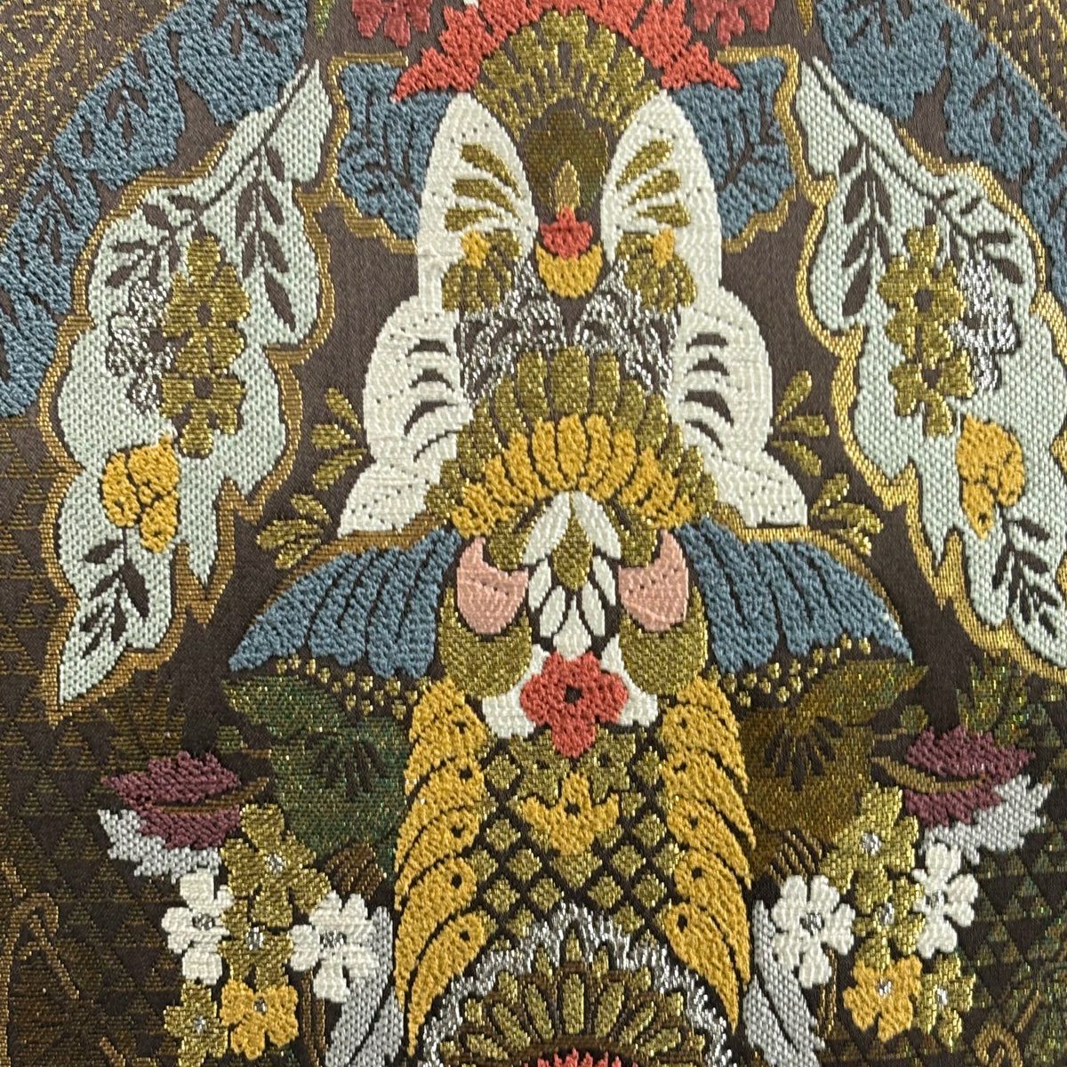 【美品】 袋帶 秀品級 草花紋刺繡 金金箔 茶綠 六通 純蠶絲