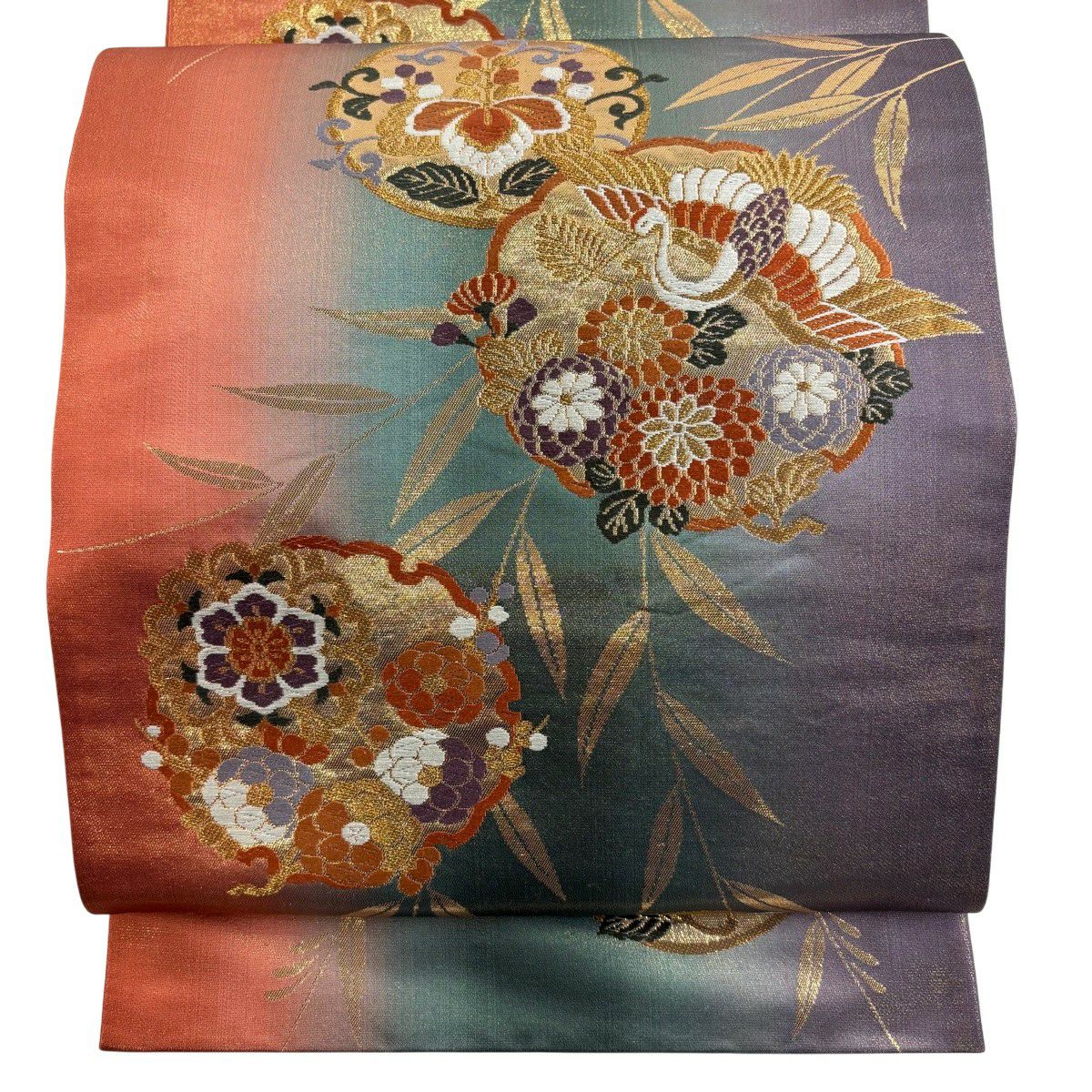 【美品】 袋帶 秀品級 雪輪 花鳥 刺繡 金金箔 綠 六通 純蠶絲