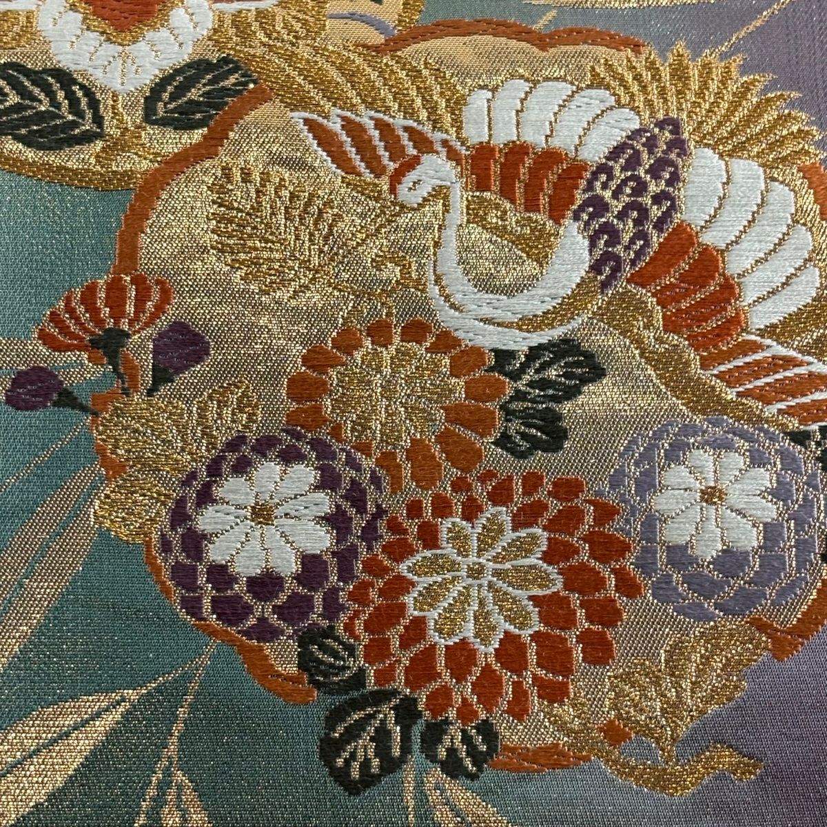 【美品】 袋帶 秀品級 雪輪 花鳥 刺繡 金金箔 綠 六通 純蠶絲
