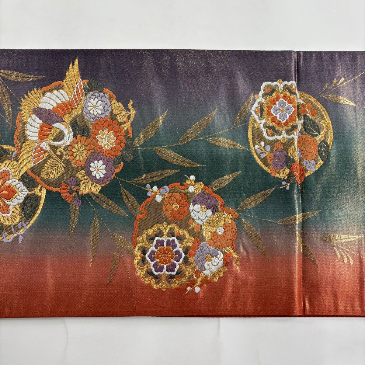 【美品】 袋帶 秀品級 雪輪 花鳥 刺繡 金金箔 綠 六通 純蠶絲