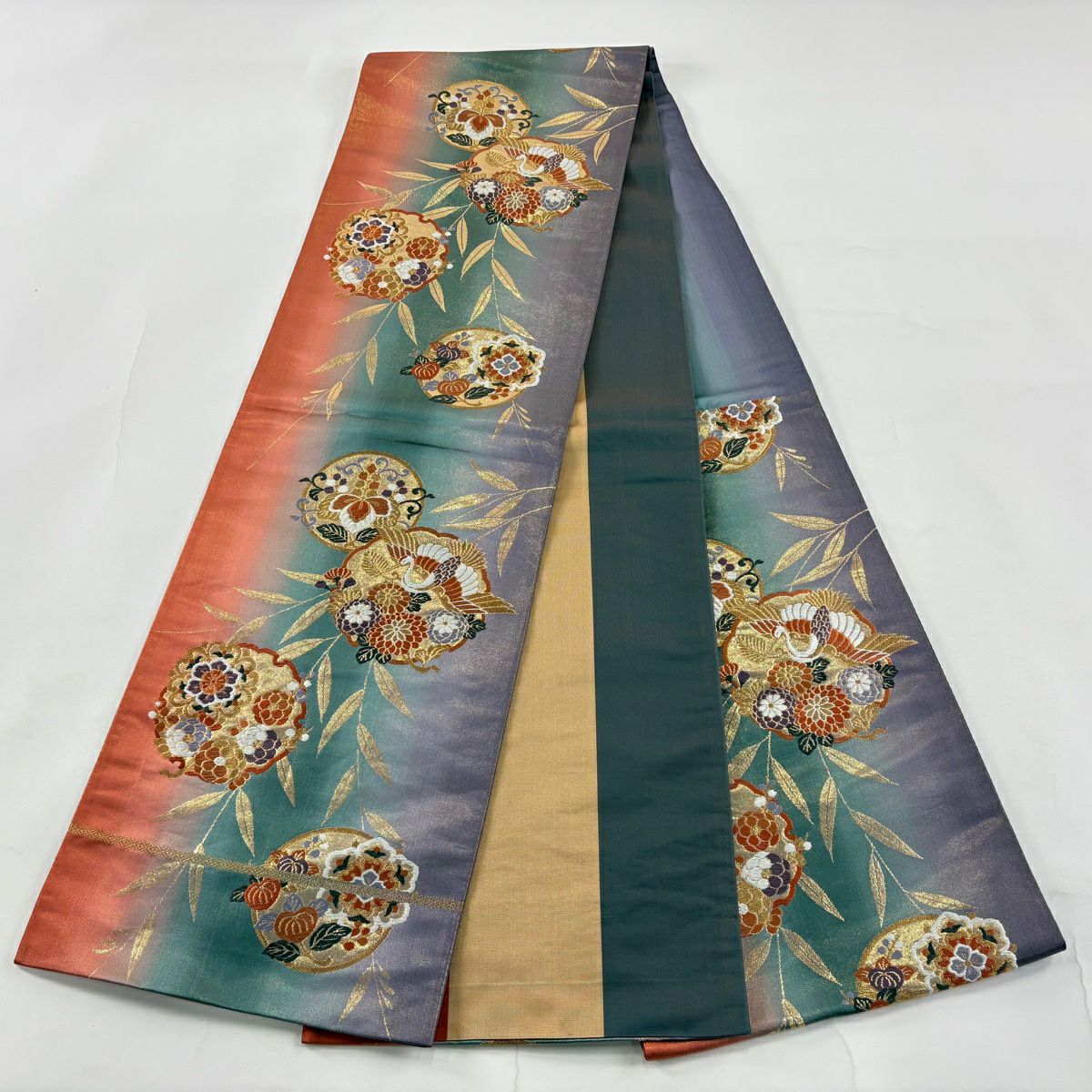 【美品】 袋帶 秀品級 雪輪 花鳥 刺繡 金金箔 綠 六通 純蠶絲