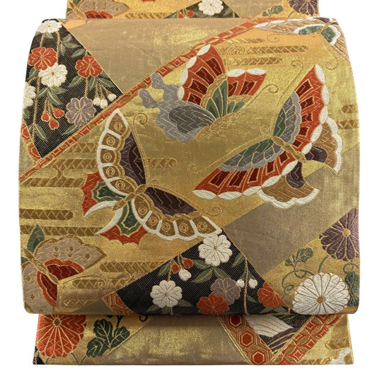 袋帶 秀品級 蝶 草花紋刺繡 金絲 金 六通 純蠶絲