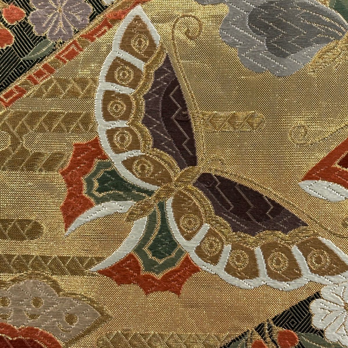 袋帶 秀品級 蝶 草花紋刺繡 金絲 金 六通 純蠶絲