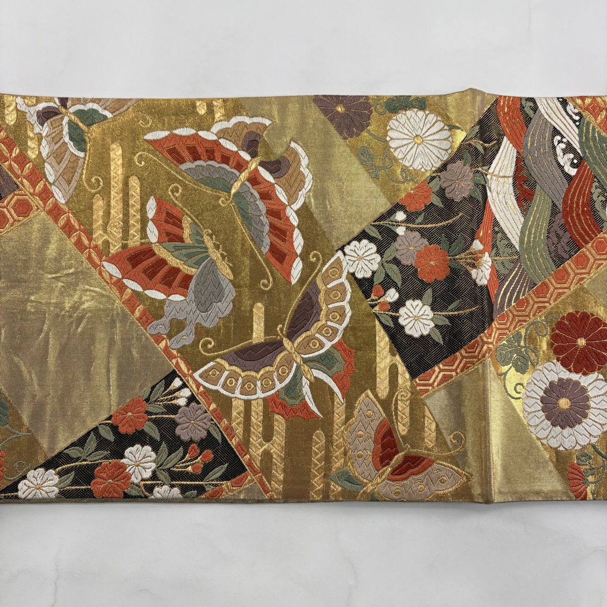 袋帶 秀品級 蝶 草花紋刺繡 金絲 金 六通 純蠶絲