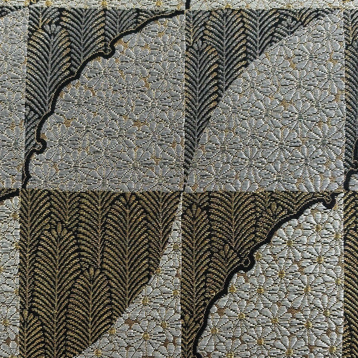 【美品】 袋帶 秀品級 證書齊全 市松樹取若松樹菊花詰 刺繡 金銀彩 灰色 六通 純蠶絲