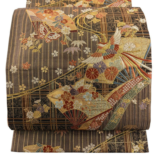 袋帶 秀品級 扇子子 花鳥 刺繡 金絲 灰紫 六通 純蠶絲