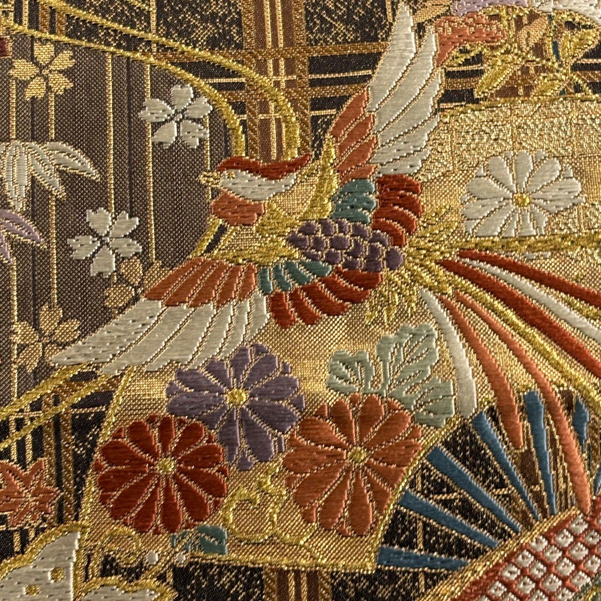 袋帶 秀品級 扇子子 花鳥 刺繡 金絲 灰紫 六通 純蠶絲