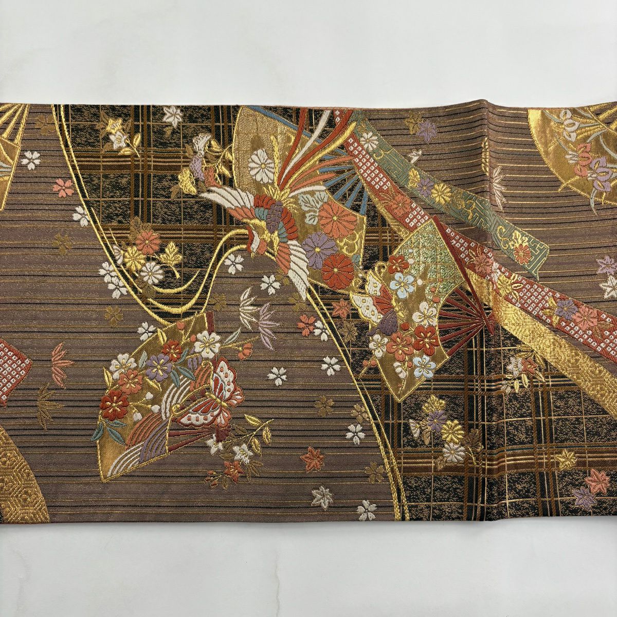 袋帶 秀品級 扇子子 花鳥 刺繡 金絲 灰紫 六通 純蠶絲