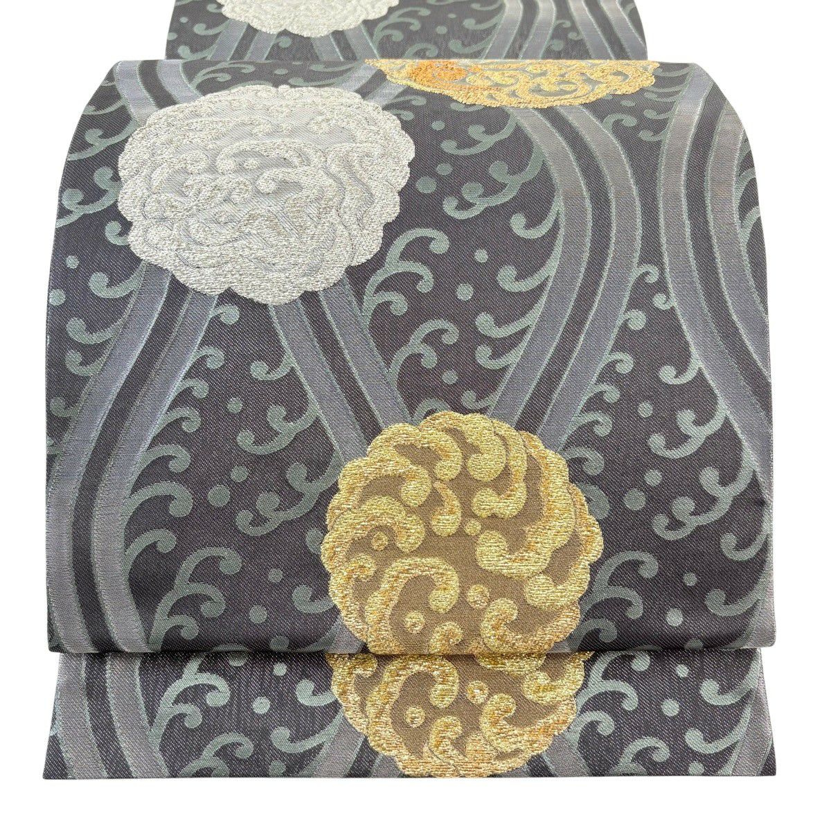 【美品】 袋帶 秀品級 鈴乃屋 波頭 立涌 金金箔 銀線 墨 深色 六通 純蠶絲