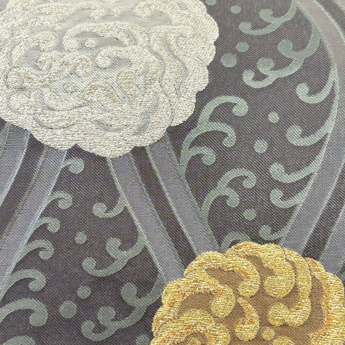 【美品】 袋帶 秀品級 鈴乃屋 波頭 立涌 金金箔 銀線 墨 深色 六通 純蠶絲