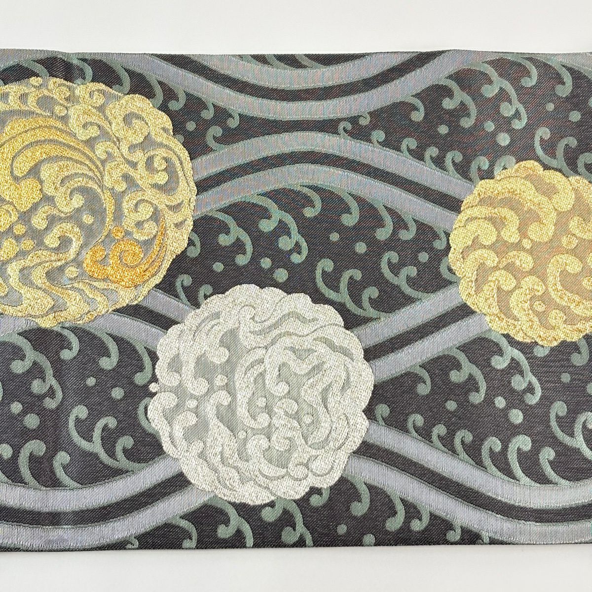【美品】 袋帶 秀品級 鈴乃屋 波頭 立涌 金金箔 銀線 墨 深色 六通 純蠶絲