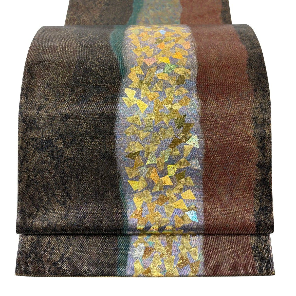 【美品】 袋帶 秀品級 金金箔散佈 金金箔 黑灰 お太鼓圖案 純蠶絲