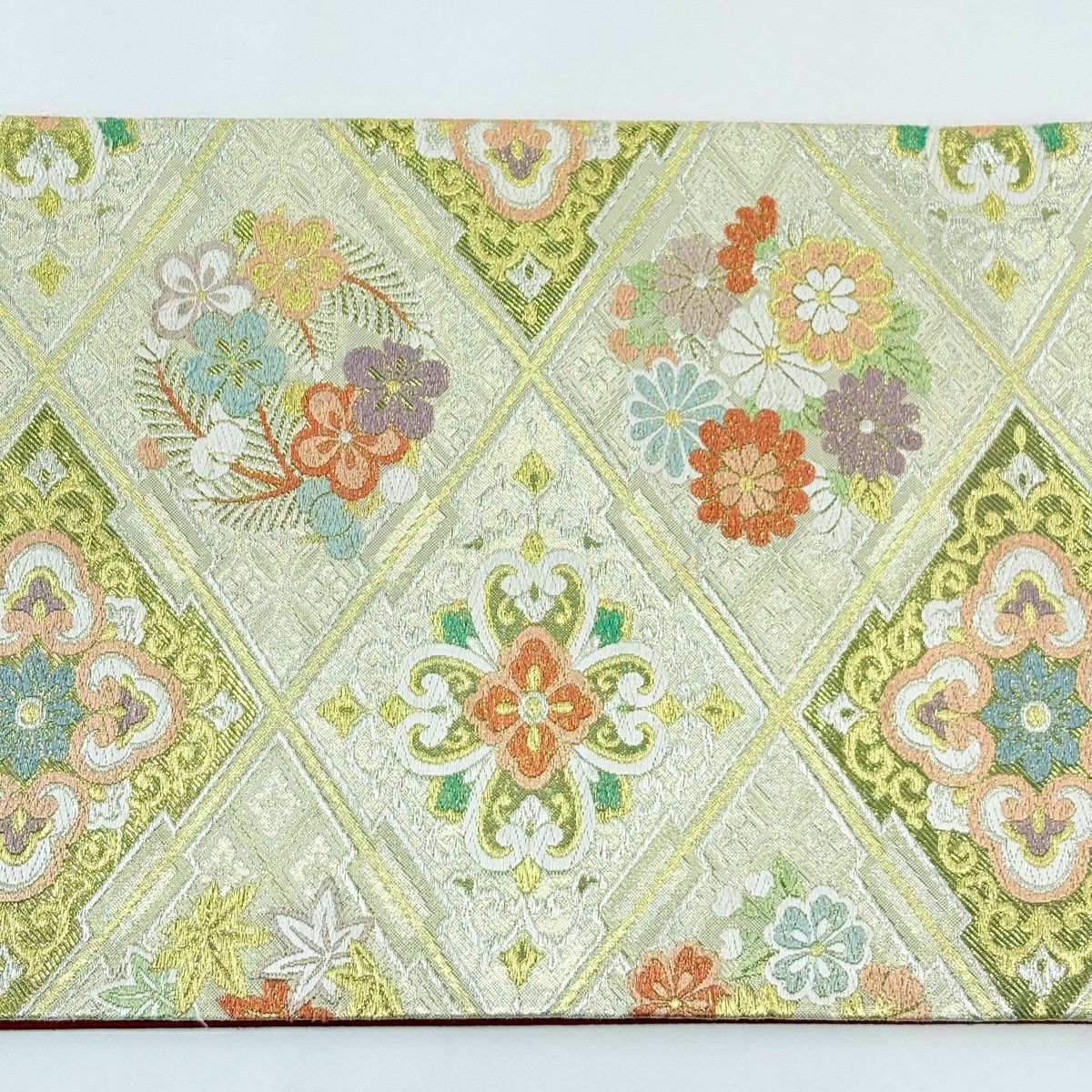 袋帶 秀品級 華紋 花丸文 刺繡 金銀彩 金  六通 純蠶絲