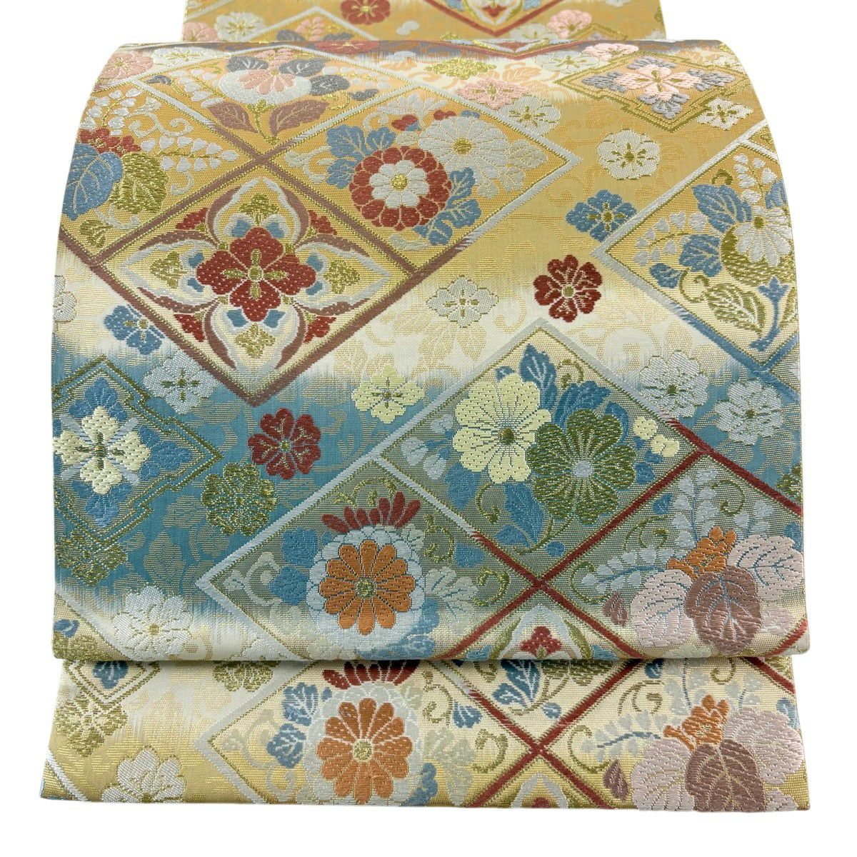 【美品】 袋帶 秀品級 證書齊全 菱取祝宴花園 草花紋刺繡 金絲 淺黃土色 六通 純蠶絲