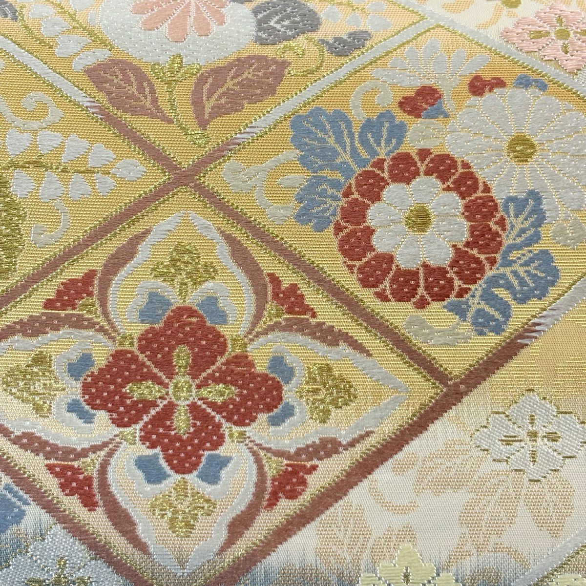 【美品】 袋帶 秀品級 證書齊全 菱取祝宴花園 草花紋刺繡 金絲 淺黃土色 六通 純蠶絲