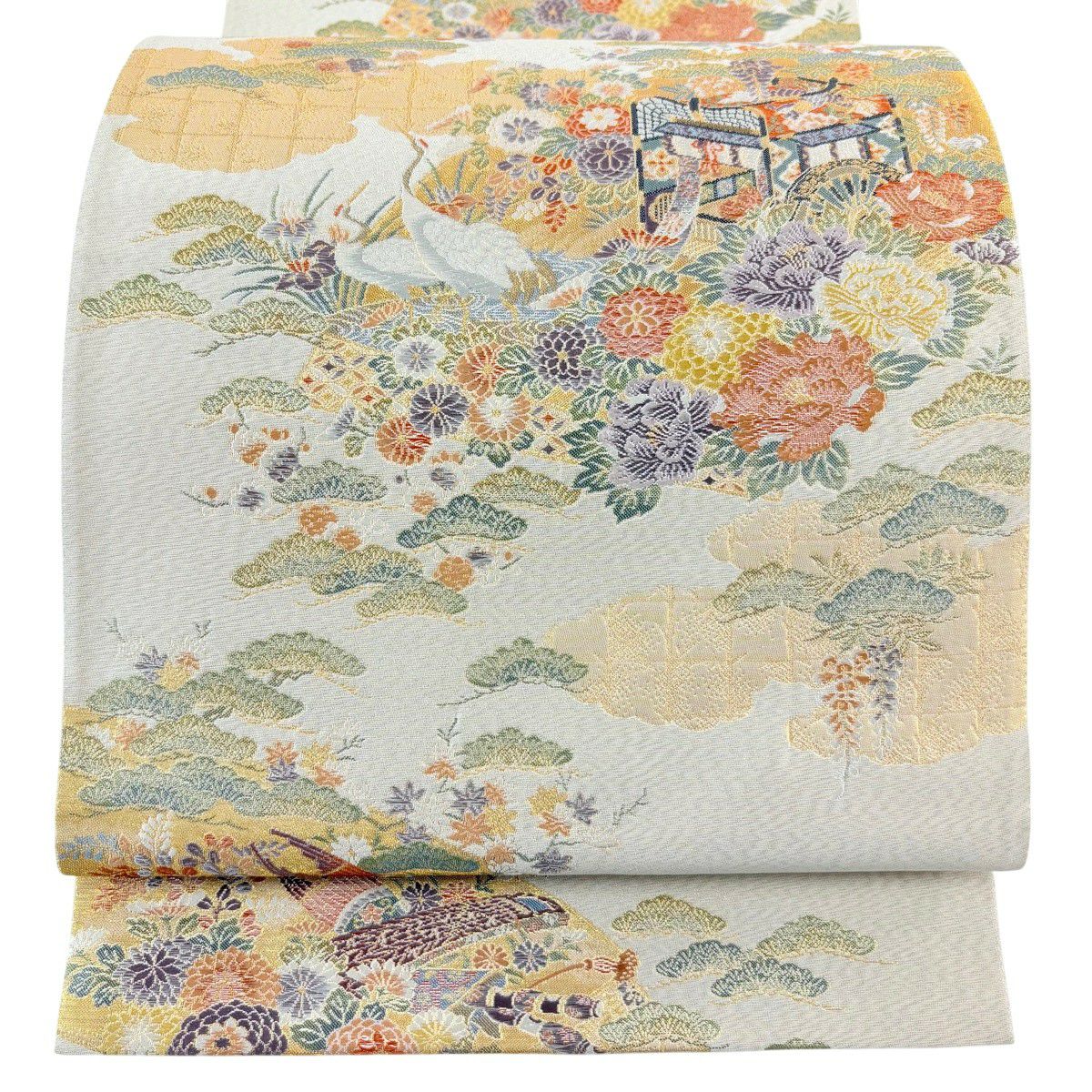 【美品】 袋帶 秀品級 御所車 花鳥 刺繡 金銀彩 灰白 六通 純蠶絲